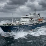 The MV Hondius cruise ship sailing in the Atlantic Ocean during the 2026 hantavirus outbreak