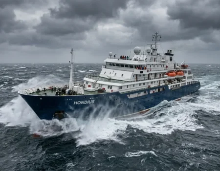 The MV Hondius cruise ship sailing in the Atlantic Ocean during the 2026 hantavirus outbreak