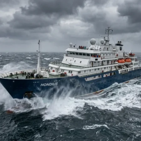 The MV Hondius cruise ship sailing in the Atlantic Ocean during the 2026 hantavirus outbreak