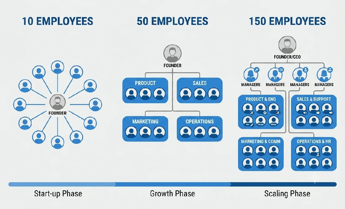 Org chart evolution from 10 to 50 to 150 employees showing increasing structure