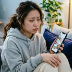 Woman experiencing Pinterest scrolling fatigue after 30 minutes on phone looking tired and drained