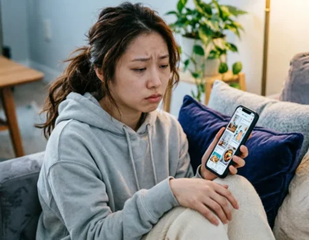 Woman experiencing Pinterest scrolling fatigue after 30 minutes on phone looking tired and drained