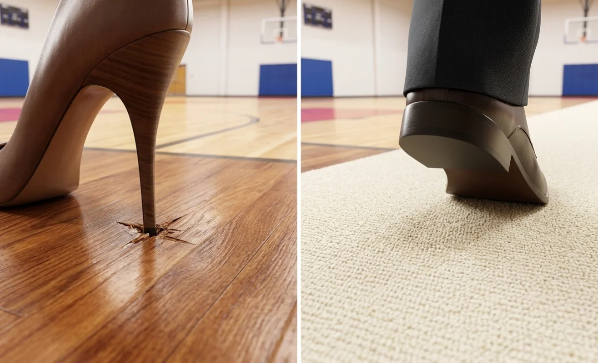 stiletto heel damaging unprotected gym floor on the left and protected carpet covered gym floor on the right