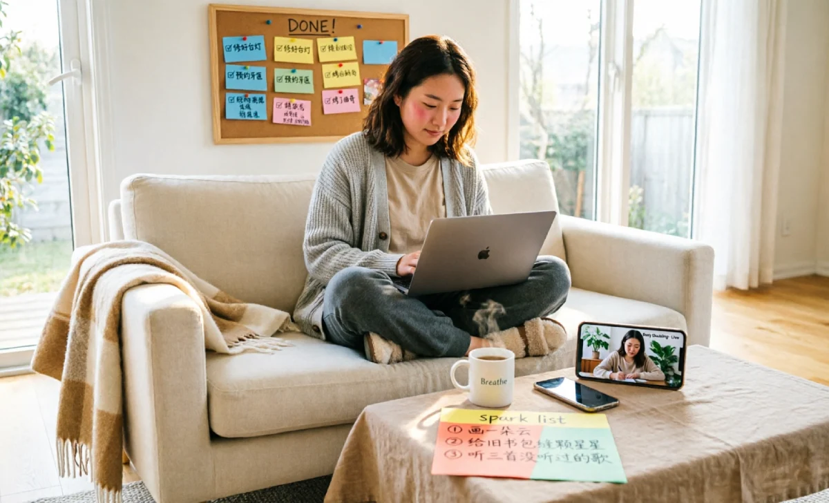 A woman with ADHD using a spark list, index cards, and body doubling — a real-life example of flexible goal setting for neurodivergent minds.