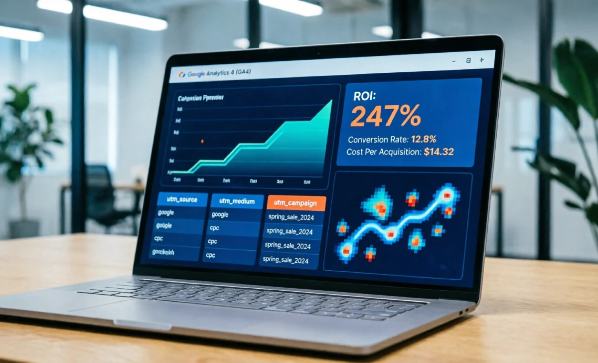 Analytics dashboard tracking ROI and conversions for learn digital marketing campaign success