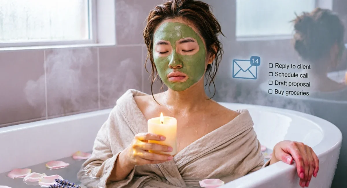 Woman in a bubble bath looking uneasy while a floating to-do list and emails appear behind her, illustrating how self-care is actually avoidance.