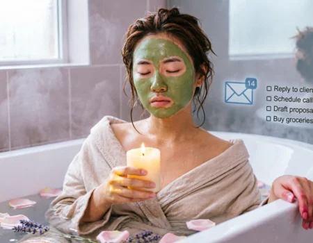 Woman in a bubble bath looking uneasy while a floating to-do list and emails appear behind her, illustrating how self-care is actually avoidance.