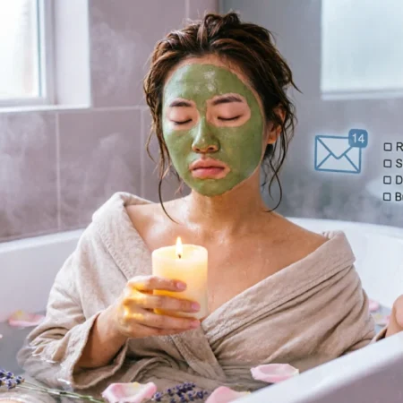 Woman in a bubble bath looking uneasy while a floating to-do list and emails appear behind her, illustrating how self-care is actually avoidance.
