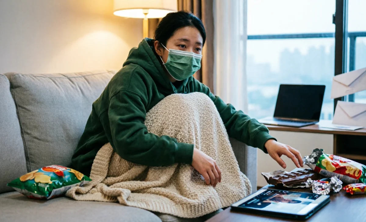 Woman numbing herself with a face mask and TV while unopened laptop and bills linger in the background, showing that self-care is actually avoidance.