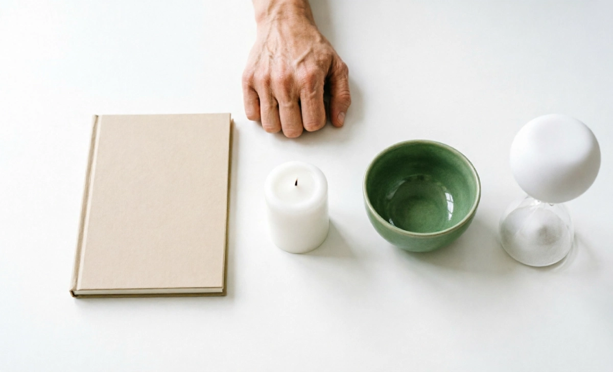 Overhead shot of a perfectly arranged self-care setup with a journal, candle, and matcha, illustrating that rigid control often means self-care is actually avoidance.