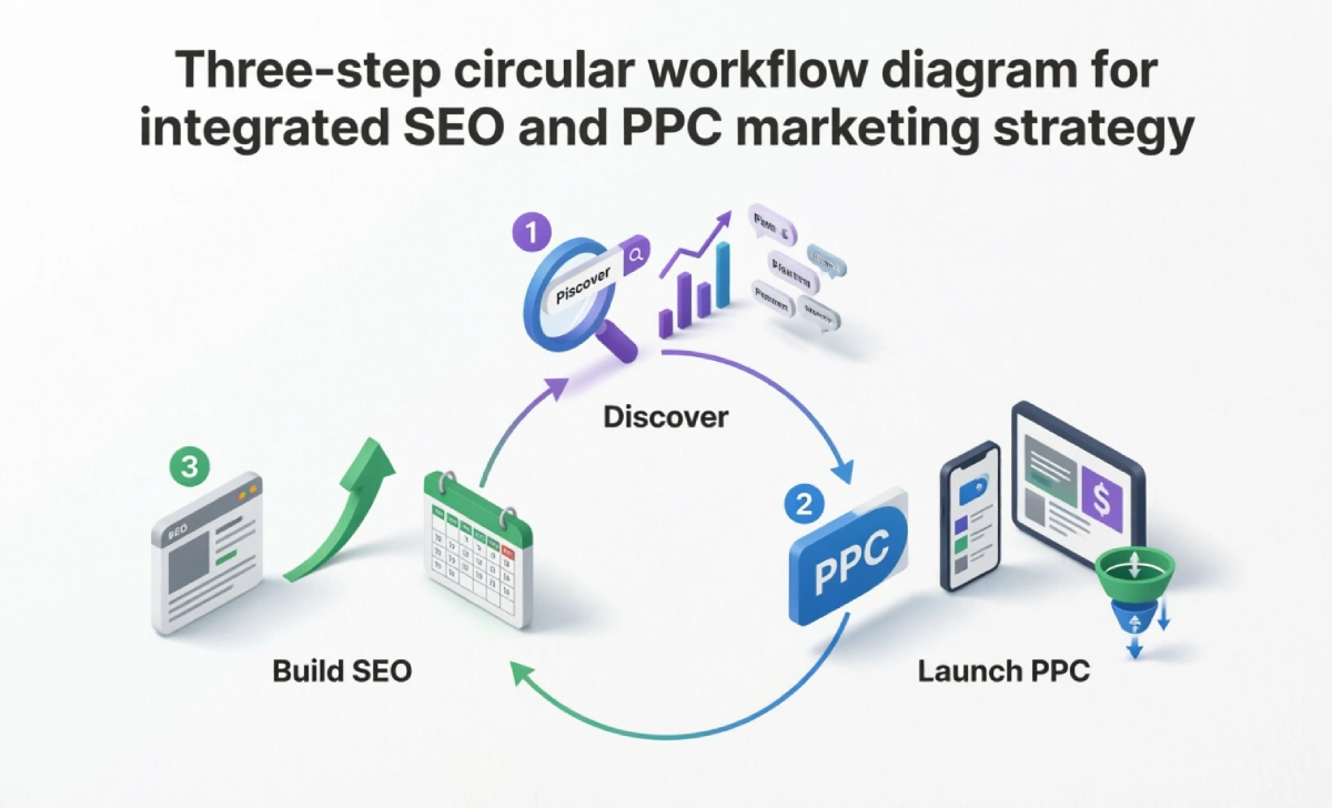 SEO vs PPC guide three-step framework showing keyword research, PPC campaign launch, and SEO content building in cyclical workflow diagram