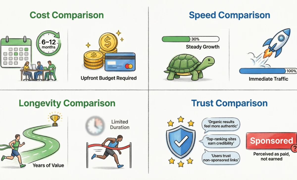 SEO vs PPC guide comparison chart showing differences in cost, speed, longevity, and trust between organic search optimization and paid advertising