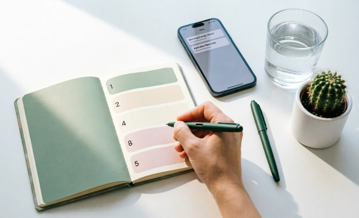 Woman tracking energy levels in journal to track energy not hours with simple 1-5 rating scale and daily energy audit