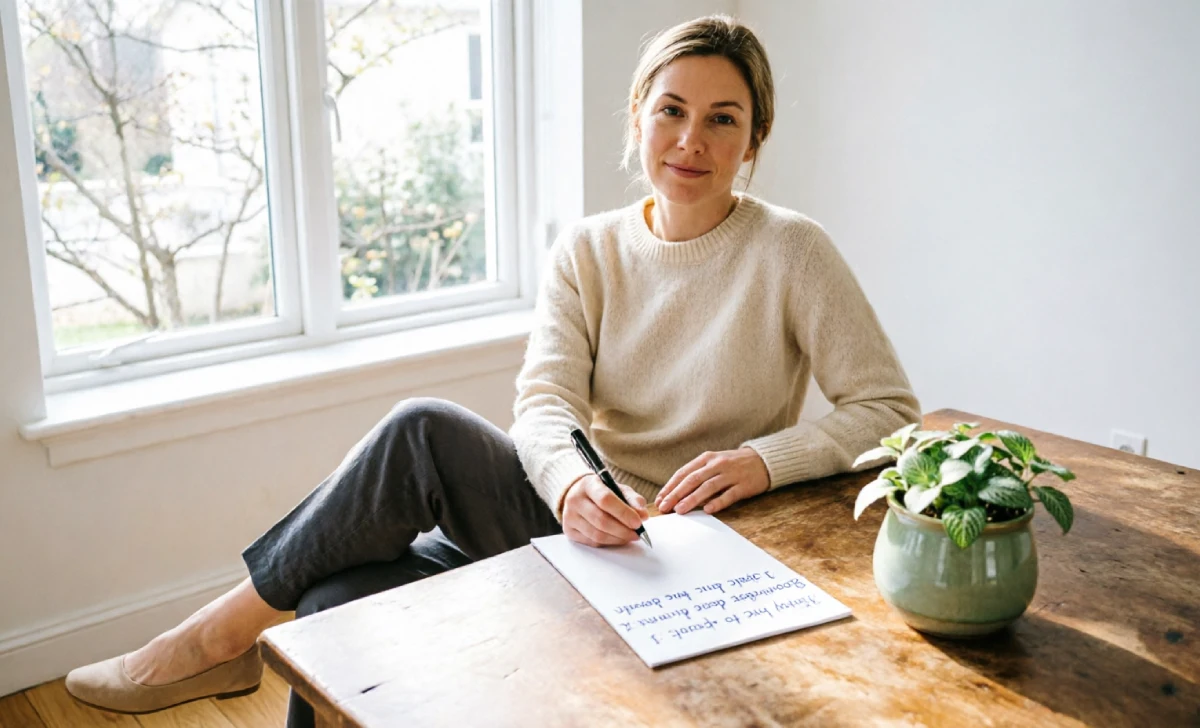 Person writing a short simple to-do list by a window showing small daily shifts to stop romanticizing busy culture