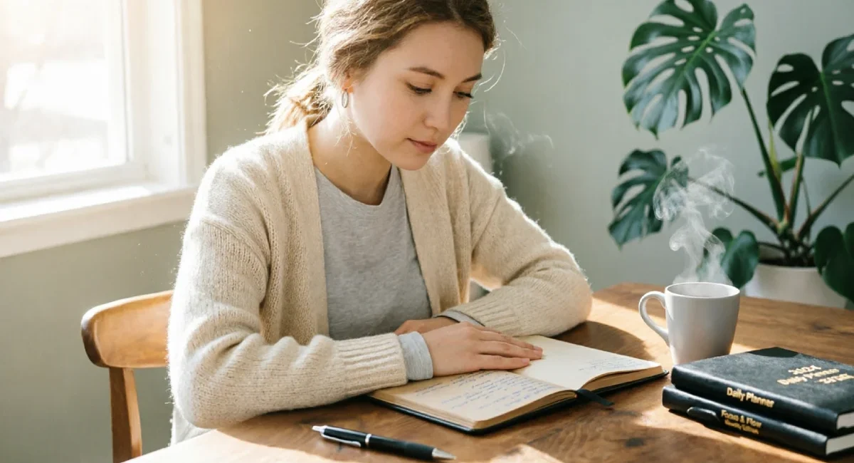 Woman looking at a stack of unused planners, symbolizing the need to stop buying unused planners and start fresh.