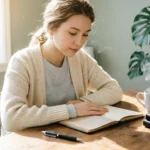 Woman looking at a stack of unused planners, symbolizing the need to stop buying unused planners and start fresh.