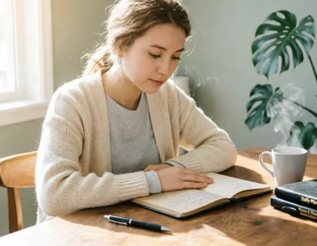 Woman looking at a stack of unused planners, symbolizing the need to stop buying unused planners and start fresh.