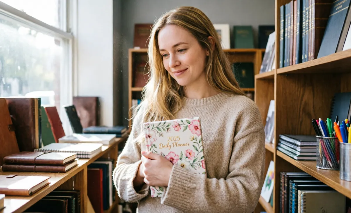 Person gazing longingly at a new planner, representing the habit we need to stop buying unused planners.