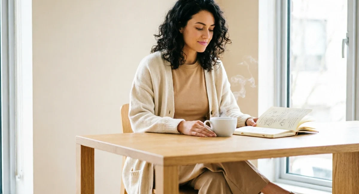 Person sitting calmly at a minimal desk with tea and a notebook, representing how to stop romanticizing busy culture