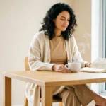 Person sitting calmly at a minimal desk with tea and a notebook, representing how to stop romanticizing busy culture