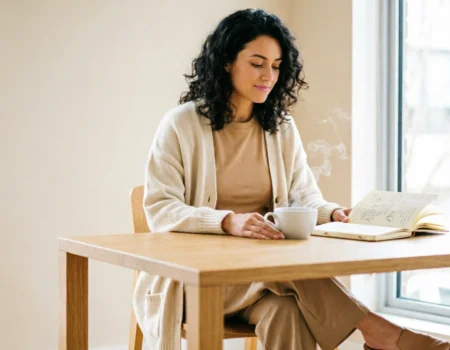 Person sitting calmly at a minimal desk with tea and a notebook, representing how to stop romanticizing busy culture