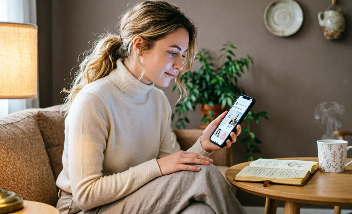 A person curating a calm, positive social media feed, a quiet boundary-setting practice to stop seeking external validation