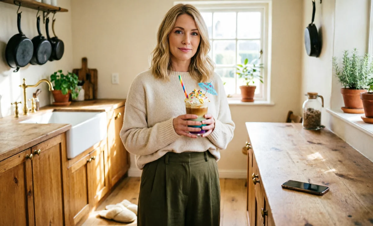A person enjoying a colorful coffee drink as a small, intentional act of self-trust, learning to stop seeking external validation