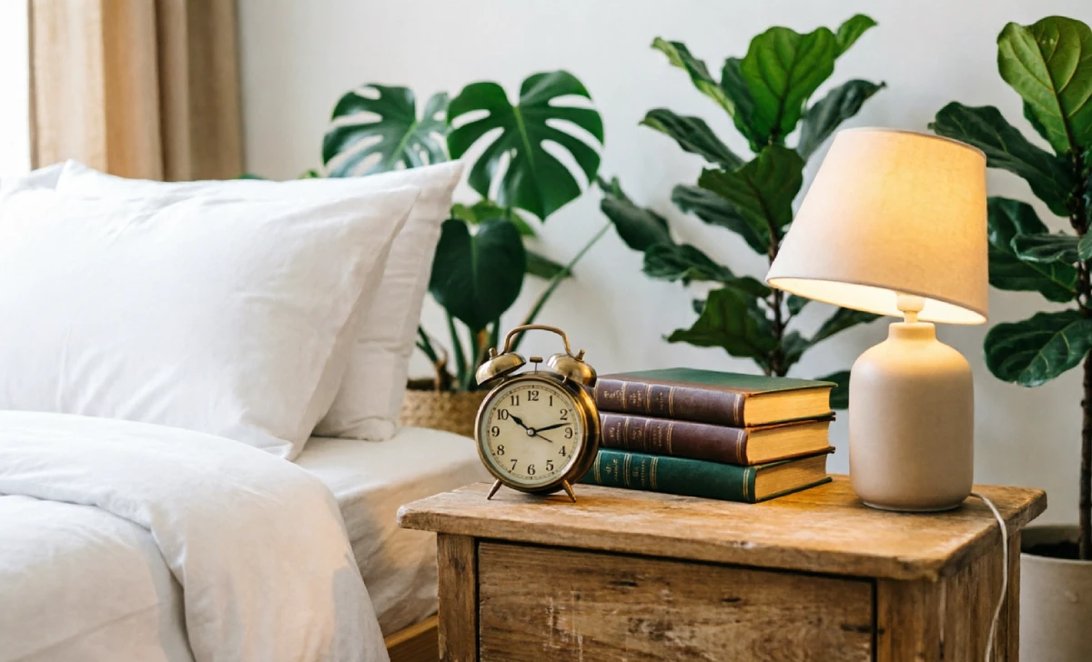Tech-free bedroom safe zone with analog clock and books supporting low spoiler digital environment lifestyle