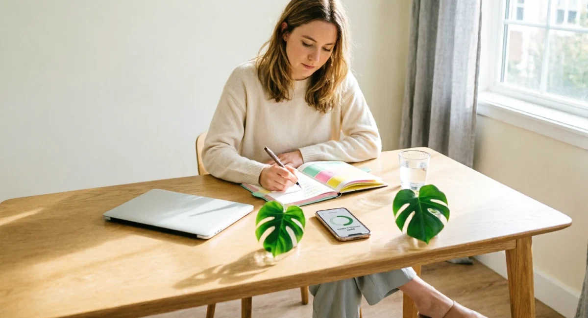 Professional woman learning to track energy not hours with journal and energy level chart at bright modern workspace for better focus