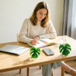 Professional woman learning to track energy not hours with journal and energy level chart at bright modern workspace for better focus