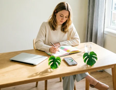 Professional woman learning to track energy not hours with journal and energy level chart at bright modern workspace for better focus