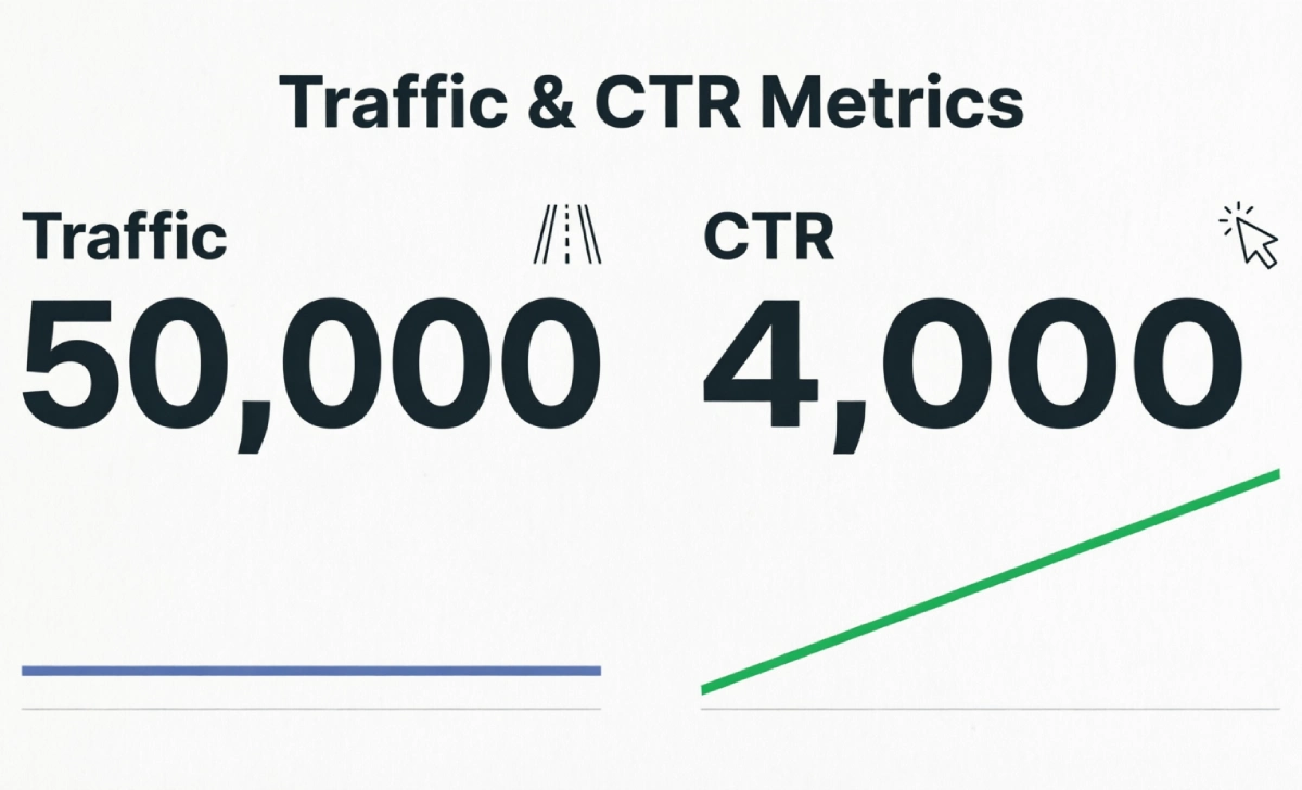 Visual comparison of traffic versus click-through rate showing why CTR is a stronger performance signal than raw visitor count.