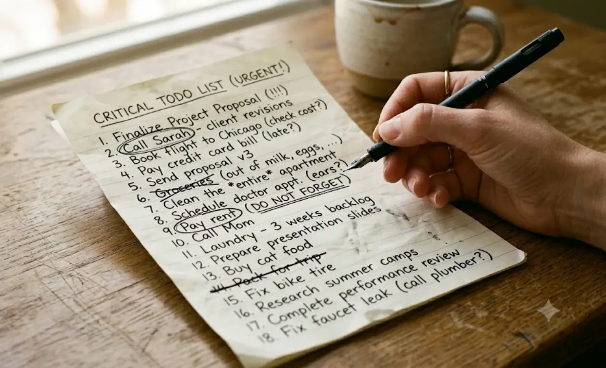 1-3-5 rule overwhelmed people — a messy overflowing to-do list showing why normal task lists cause stress and confusion