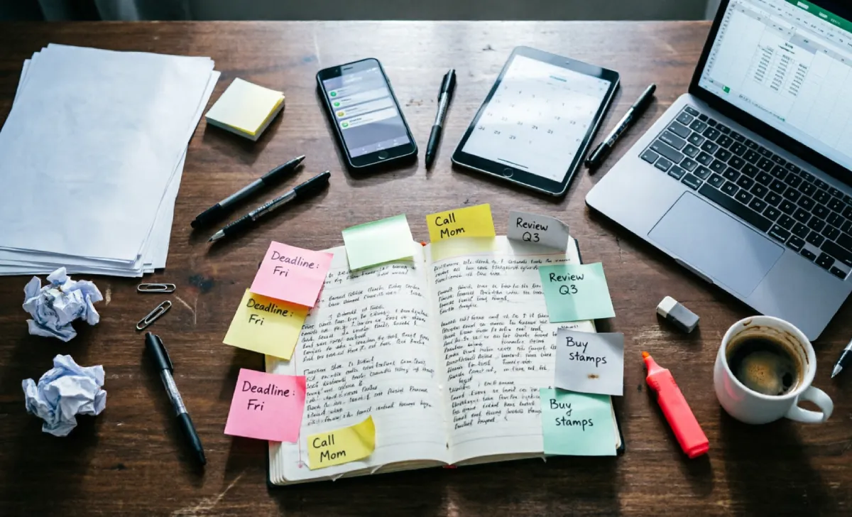 Overflowing planner and sticky notes on a desk showing the pressure of busy culture