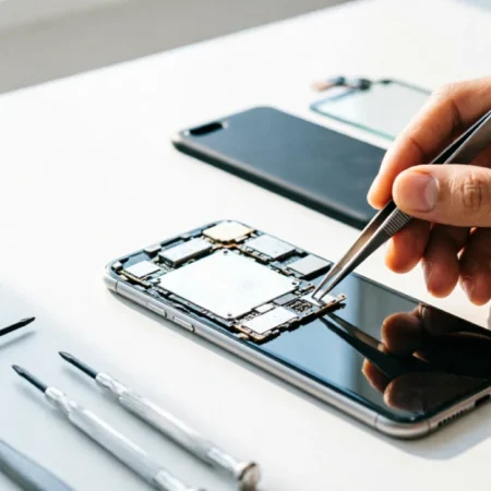 right to repair laws technician repairing smartphone with genuine parts