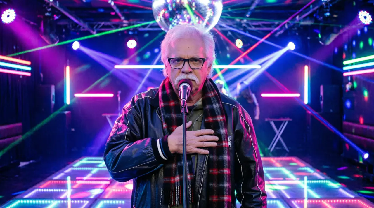 Joe Bonsall performing on stage under colorful lights during a live music performance with The Oak Ridge Boys.