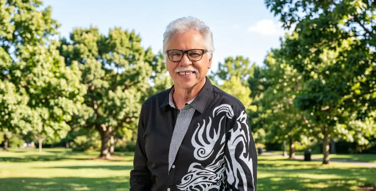 Joe Bonsall, longtime tenor of The Oak Ridge Boys, smiling outdoors in a park wearing a black patterned jacket.