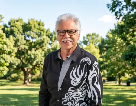 Joe Bonsall, longtime tenor of The Oak Ridge Boys, smiling outdoors in a park wearing a black patterned jacket.