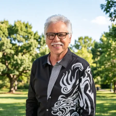 Joe Bonsall, longtime tenor of The Oak Ridge Boys, smiling outdoors in a park wearing a black patterned jacket.