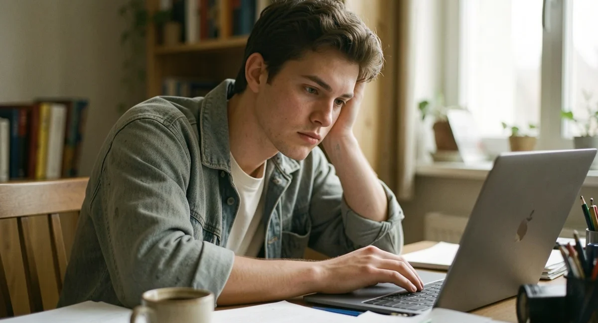 ADHD task initiation paralysis shown as a person frozen at a cluttered desk