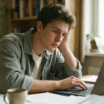 ADHD task initiation paralysis shown as a person frozen at a cluttered desk