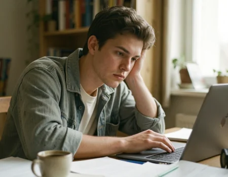 ADHD task initiation paralysis shown as a person frozen at a cluttered desk