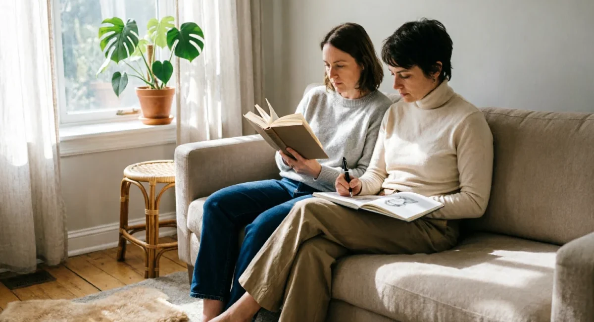 adult parallel play friendship — two friends reading and sketching quietly side by side