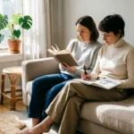 adult parallel play friendship — two friends reading and sketching quietly side by side