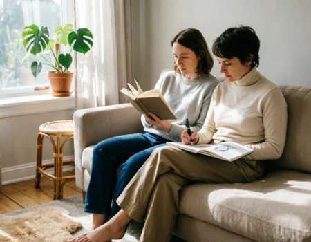 adult parallel play friendship — two friends reading and sketching quietly side by side