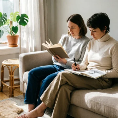 adult parallel play friendship — two friends reading and sketching quietly side by side
