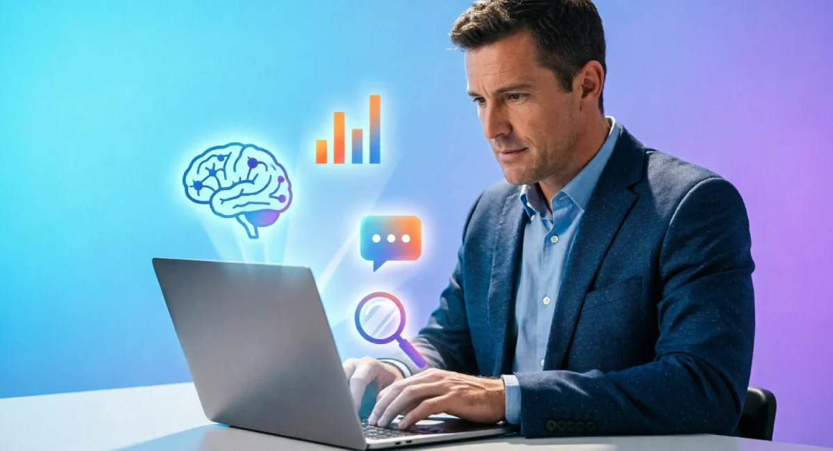AI in Digital Marketing illustration showing automation and marketing tools