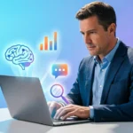 AI in Digital Marketing illustration showing automation and marketing tools