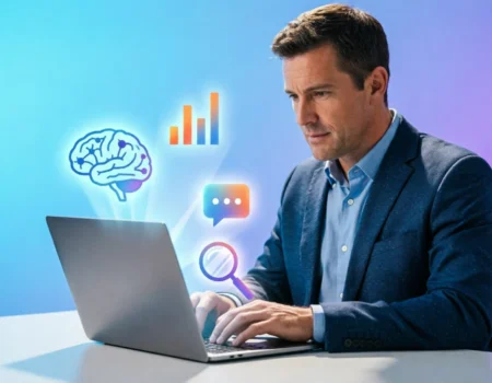 AI in Digital Marketing illustration showing automation and marketing tools