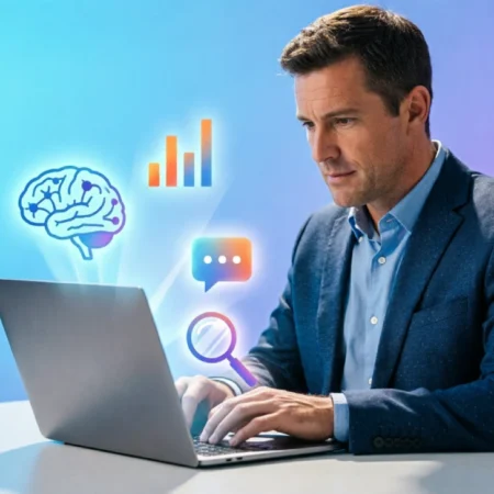 AI in Digital Marketing illustration showing automation and marketing tools